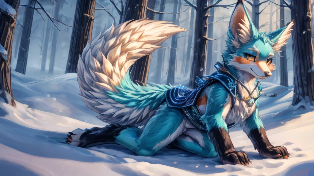 japanese kitsune, aqua fur add-detail, cunning face add_detail, kitsune in the snow add_detail:1, full body add_detail:1, mistycal aura