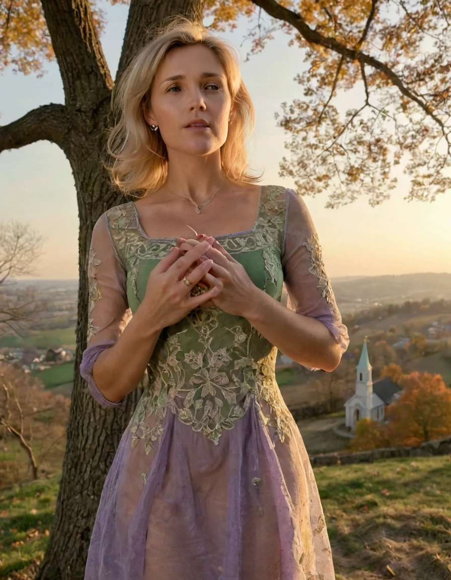 SexWife blonde milf curved in transparent dress Basked by a single golden ray of setting sun's soft light to peer through the intricate embroidery of a delicate green dress worn by Sera, a young woman standing gracefully on hilltop overlooking village nestled within vibrant fall foliage, her gaze fixed upon church steeple distant spire piercing lavender-tinted sky. Her hands gently hold antique music box fragile small intricate details barely visible soft light, cradling box. Behind her large oak tree stands tall proud bare branches reach out embrace moment contemplation Sera, open sky beyond village's walls offering glimpse endless possibilities lie. Sara