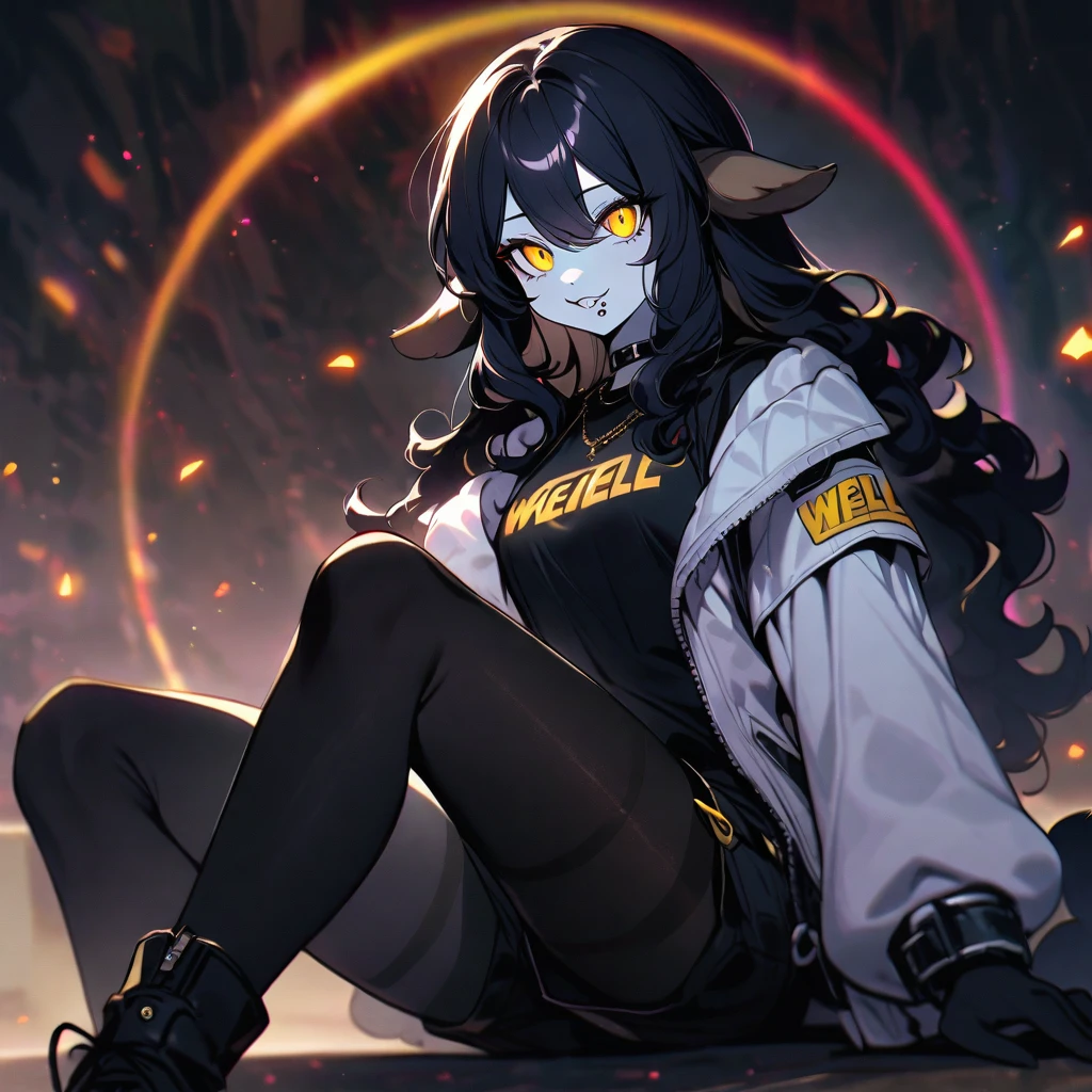 (well done: 1) woman, pale white skin, sheep ears and tail, curly hair down to black shoulders, yellow eyes, mouth piercing, black choker, white jacket with black details with furry hood, black shirt underneath, shorts black, black boots, pantyhose.
