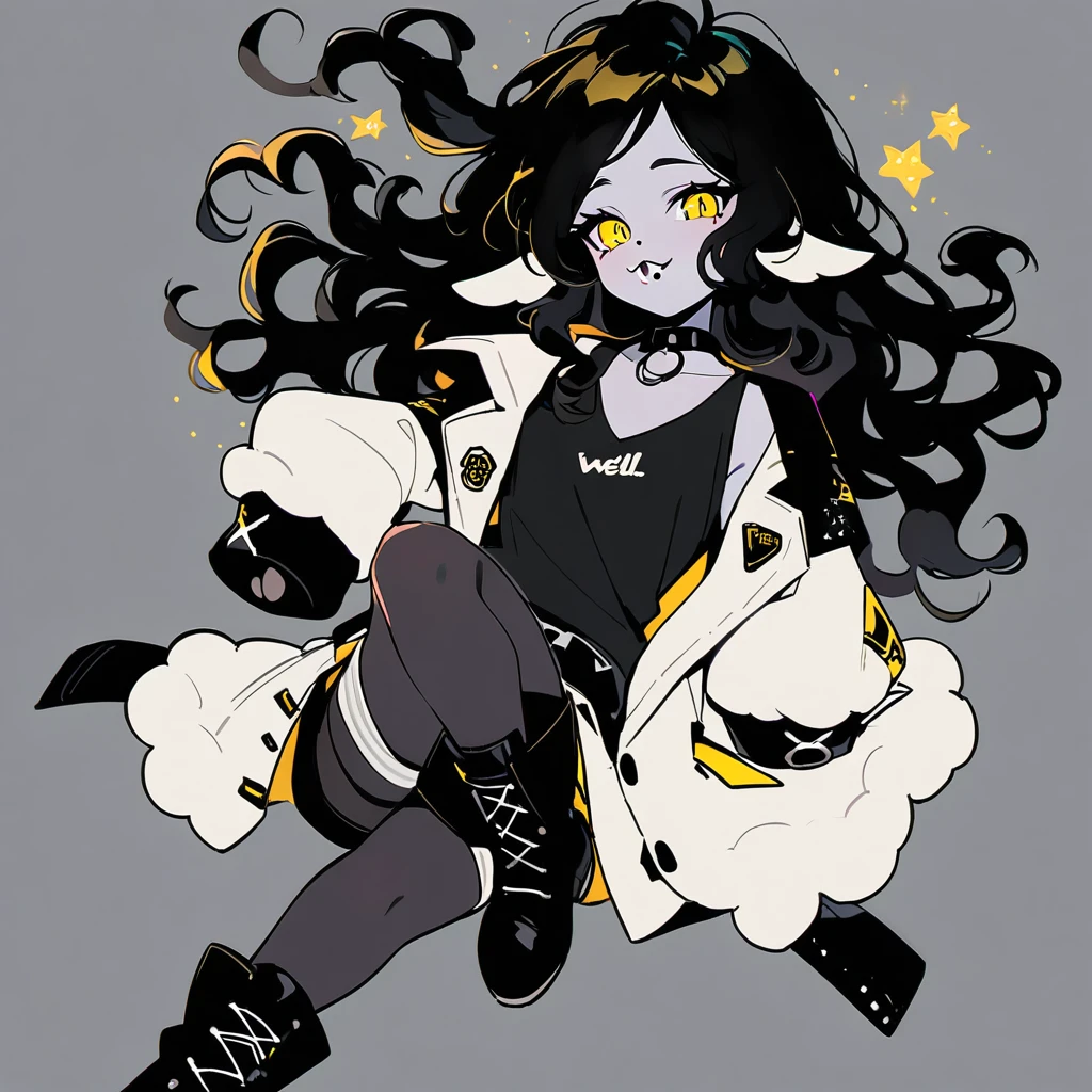 (well done: 1) woman, pale white skin, sheep ears and tail, curly hair down to black shoulders, yellow eyes, mouth piercing, black choker, white jacket with black details with furry hood, black shirt underneath, shorts black, black boots, pantyhose.