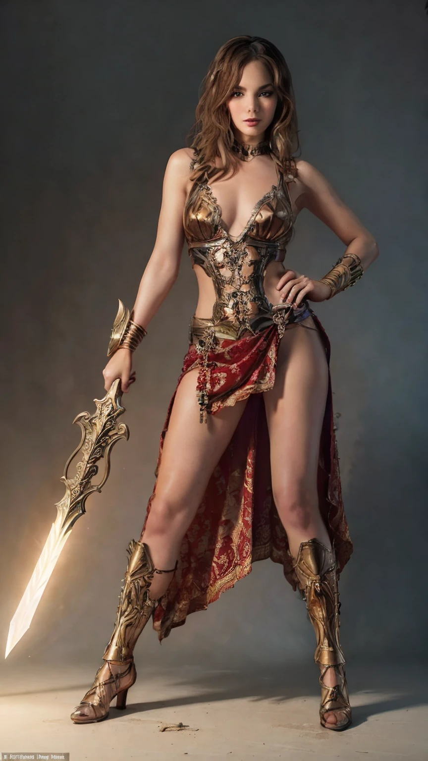 ((Full body photo, standing, feet on the floor)) a woman dressed as a warrior holding a sword, sexy painting of gal gadot, tyler edlin fantasy art, fantasy woman, gal gadot as hell lord, zenescope, a very beautiful berserker woman, magali villeneuve', as seen on artgerm, very beautiful female barbarian, artgerm julie bell beeple, 4k fantasy art