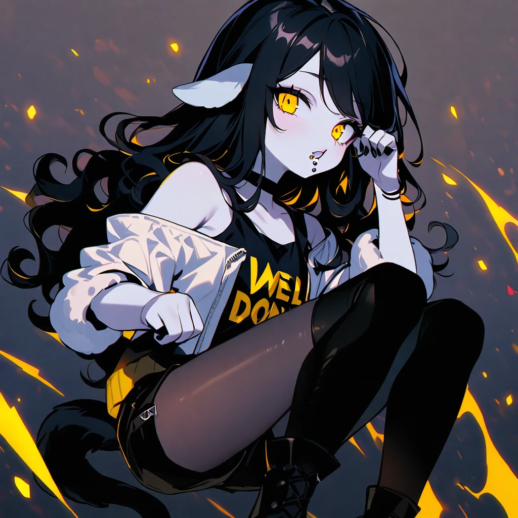 (well done: 1) woman, pale white skin, sheep ears and tail, curly hair down to black shoulders, yellow eyes, mouth piercing, black choker, white jacket with black details with furry hood, black shirt underneath, shorts black, black boots, pantyhose.