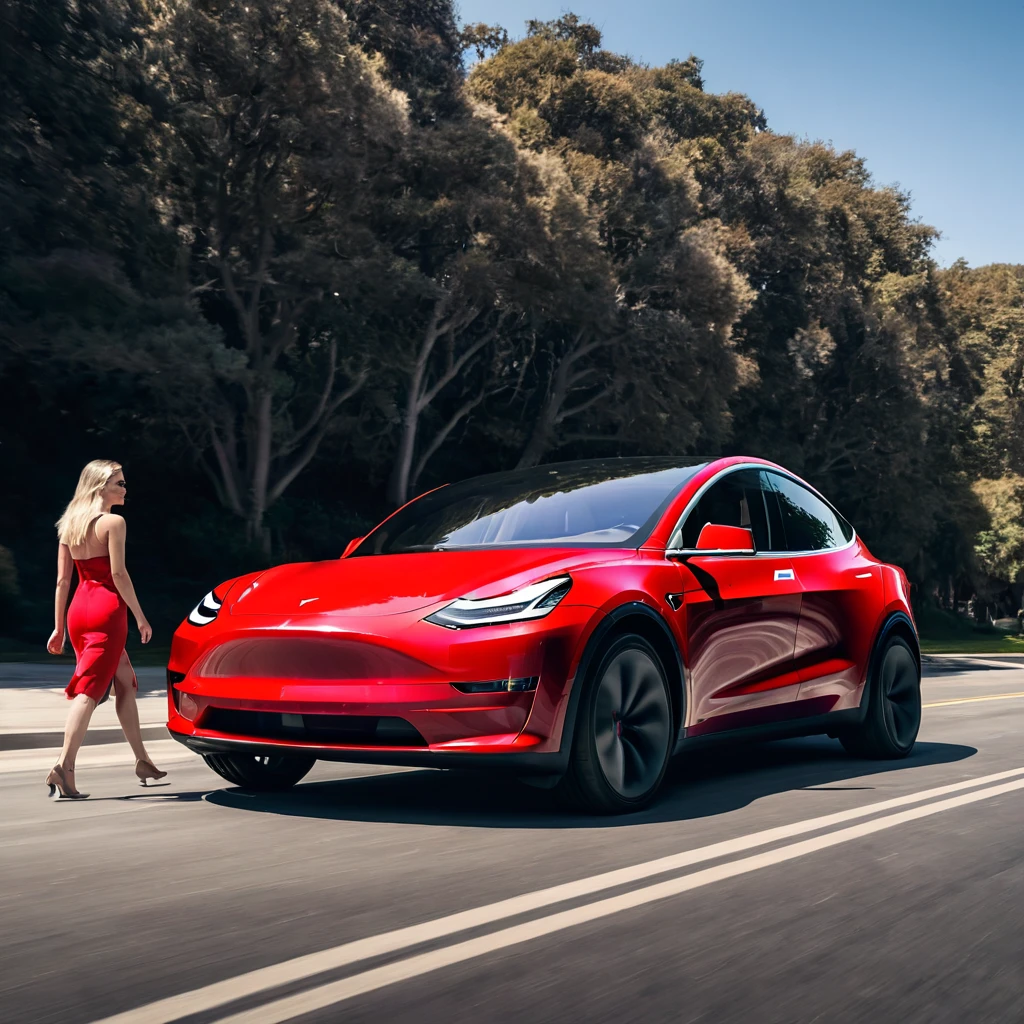 naked blonde woman walking towards tesla model Y red color