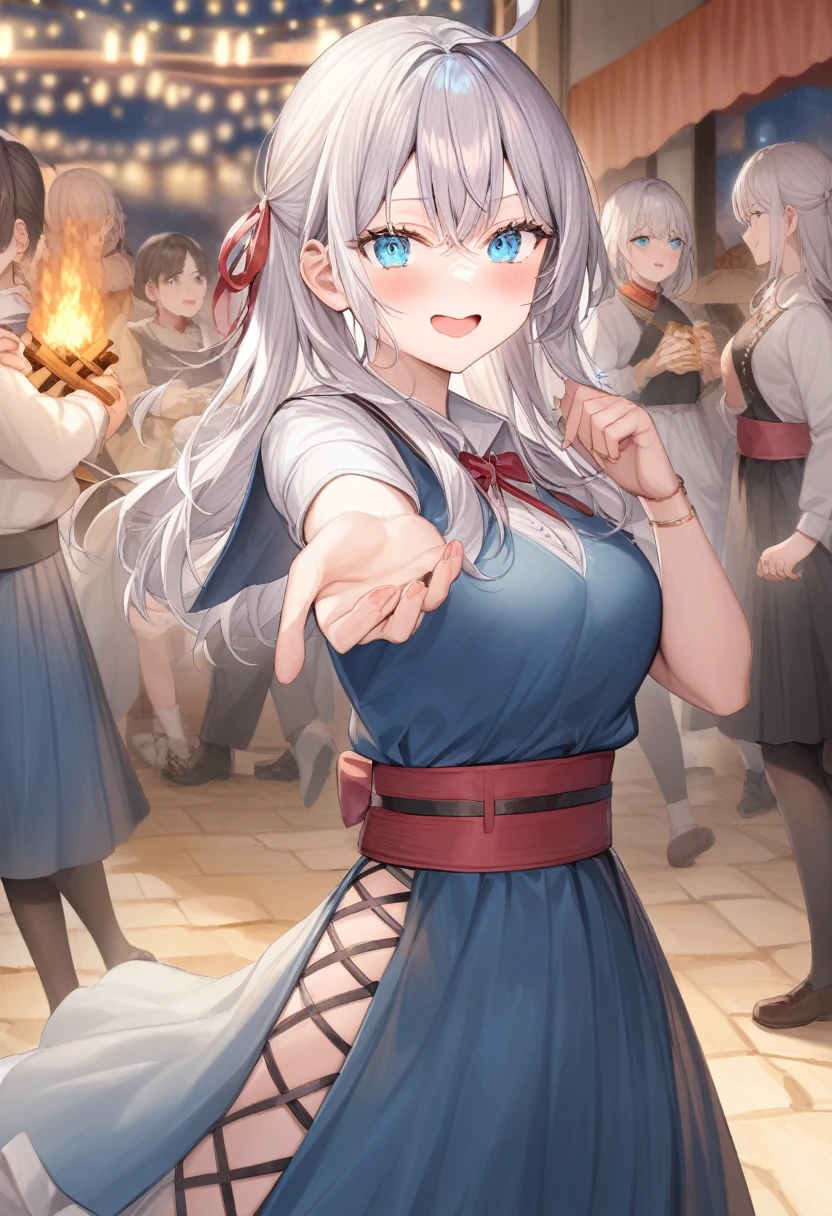 One girl, Alisa Mikhailovna Kujo,Tomorrow, my friend, Arya-san, will be visiting Russia.,alone, Long Hair, Eyebrows visible through hair, Hair between the eyes, Silver Hair, blue eyes, Medium chest, Black Uniform、A huge campfire、at night、School festival、Dancing folk dance、
View your viewers, Top quality to reach out to your audience, so beautiful,