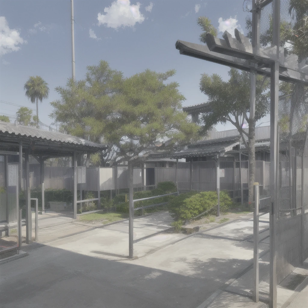 Japanese school , school yard, steel gate, guard booth, palm trees, 