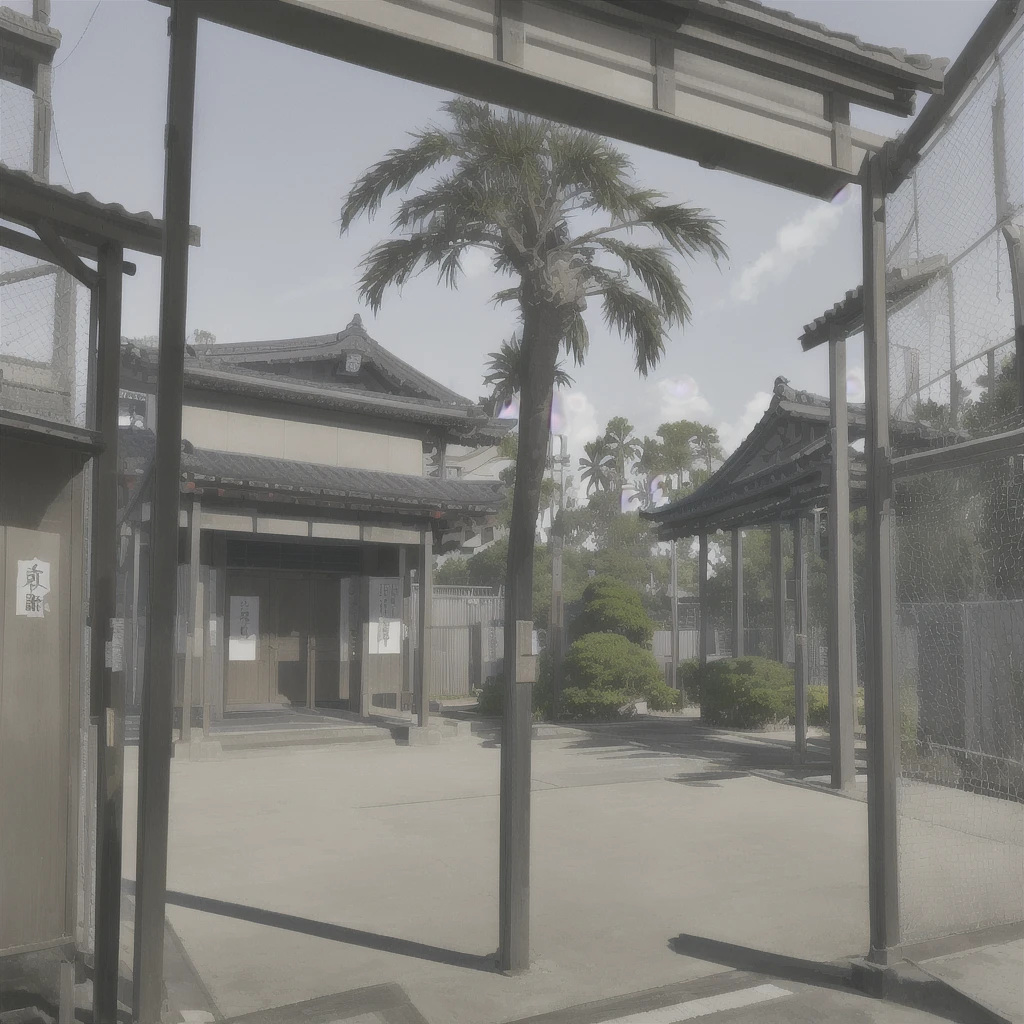 Japanese school , school yard, steel gate, guard booth, palm trees,