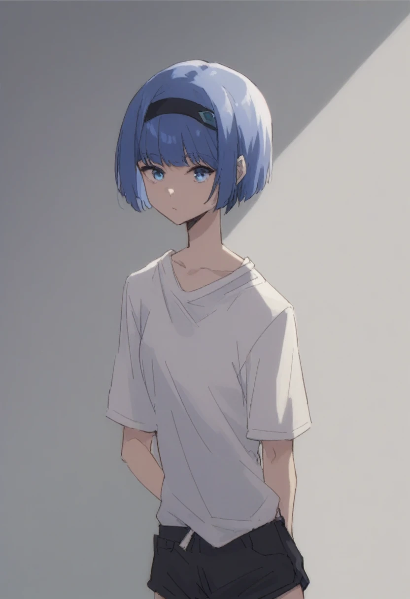blue hair,blue eyes,short hair,jewelry hairband, short hair, bob cut,white top tank,black shorts
