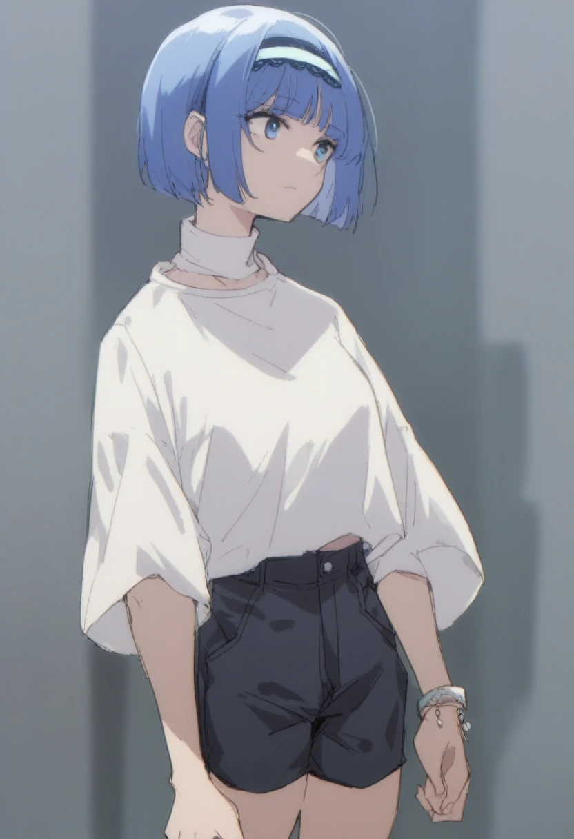 blue hair,blue eyes,short hair,jewelry hairband, short hair, bob cut,white top tank,black shorts