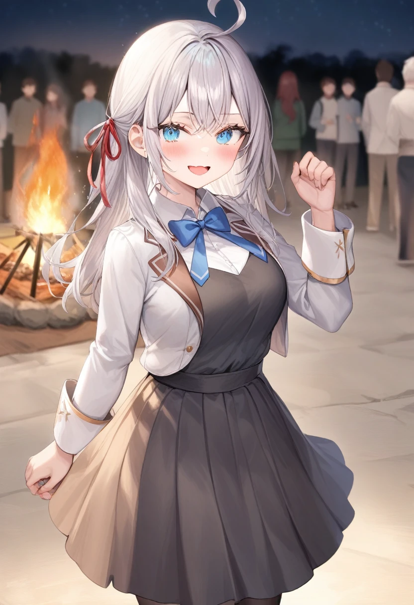 One girl,  Alisa Mikhailovna Kujo,Tomorrow, my friend, Arya-san, will be visiting Russia.,alone, Long Hair, Eyebrows visible through hair, Hair between the eyes, Silver Hair, blue eyes, Medium chest, Black Uniform、A huge campfire、at night、School festival、Dancing folk dance、
View your viewers, Top quality to reach out to your audience, so beautiful, 