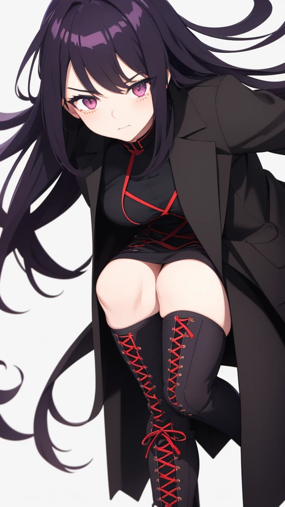 Full length anime girl on a white background. 21 year old girl with black hair, The ends of the hair are red. Different eyes: one blue, Other purple. Dressed in a long black coat and lace-up boots. The expression on his face is haughty.