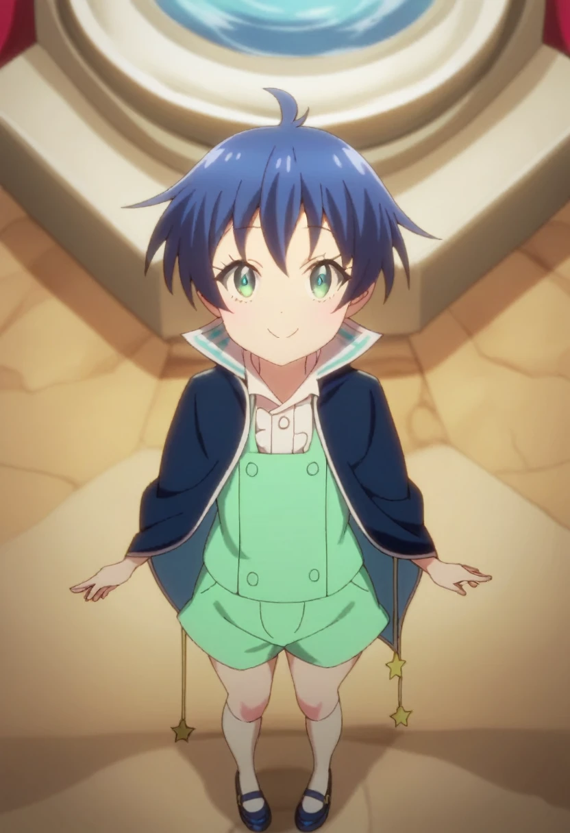 score_9, score_8_above, score_7_above, score_6_above, score_5_above, score_4_above, fountain_cheered up,  BREAK a little boy,lloyd ,vest, green shorts ,blurred,Dark blue cape,looking at the viewer,male, male focus,  For the blue,
inside, Hallways, , vivid colors, , Beautiful, young,
masterpiece, high quality, very_high_resolution, big_File size, full color,