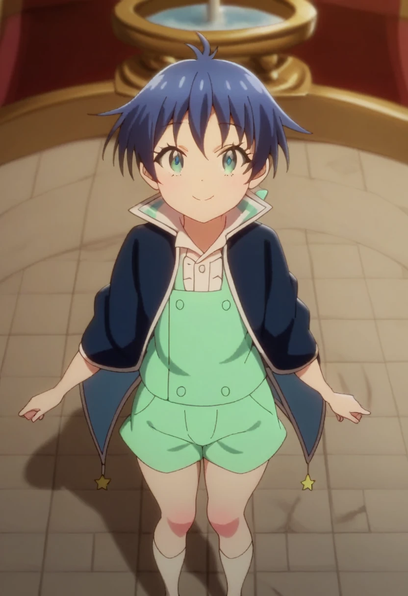 score_9, score_8_above, score_7_above, score_6_above, score_5_above, score_4_above, fountain_cheered up, BREAK a ,lloyd ,vest, green shorts ,blurred,Dark blue cape,looking at the viewer,male, male focus, For the blue,
inside, Hallways, , vivid colors, , Beautiful, young,
masterpiece, high quality, very_high_resolution, big_File size, full color,