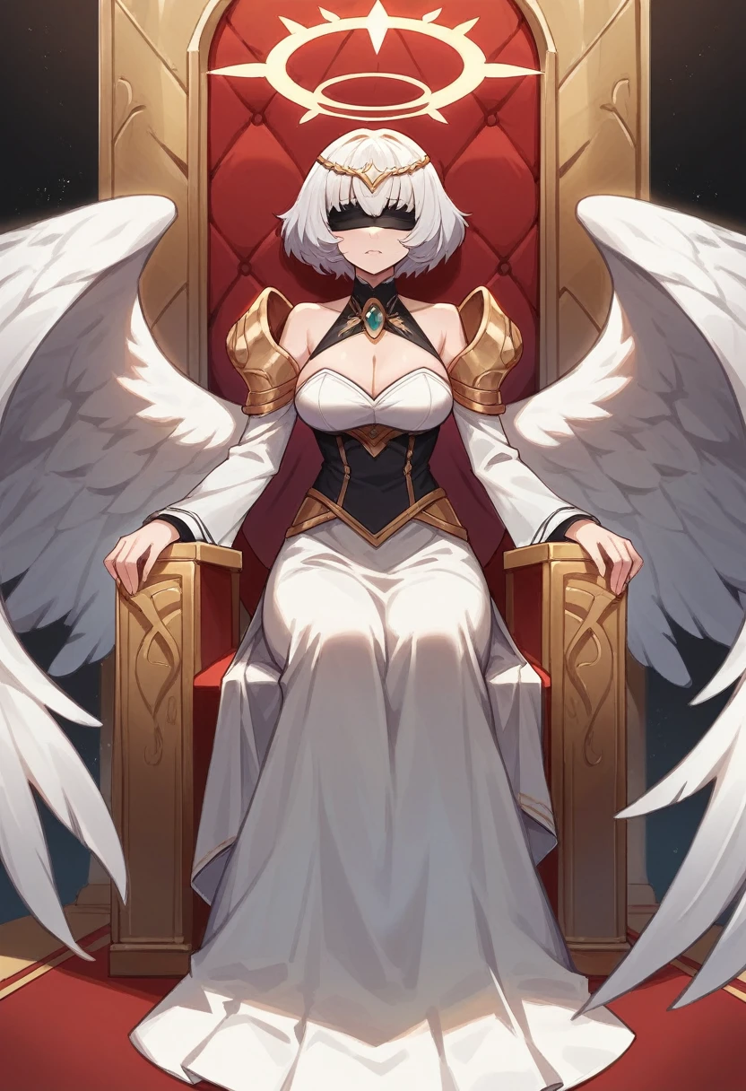 Archangel with six wings and a female figure that has short white hair above her ears, she has a pair of small wings that come out of the sides of her head and cover her golden eyes acting as a blindfold, behind her head she has a golden halo as a crown and she wears white clothes with golden decorations in the shape of laurels, she is sitting on a red throne.