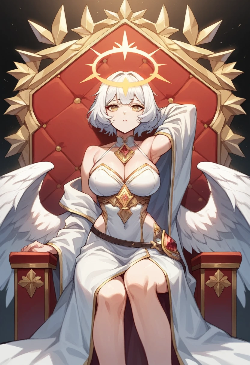 Archangel with six wings and a female figure that has short white hair above her ears, she has a pair of small wings that come out of the sides of her head and cover her golden eyes acting as a blindfold, behind her head she has a golden halo as a crown and she wears white clothes with golden decorations in the shape of laurels, she is sitting on a red throne.