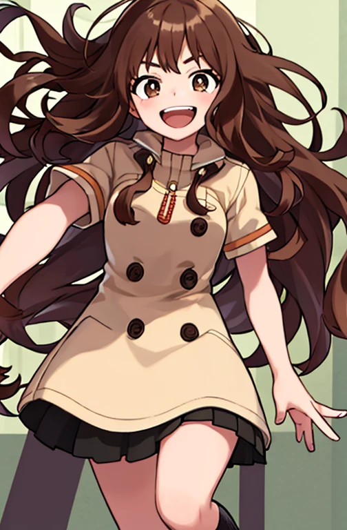 Horikoshi Kouhei, 1 girl, brown hair, brown eyes, long eyes,long hair, happy.