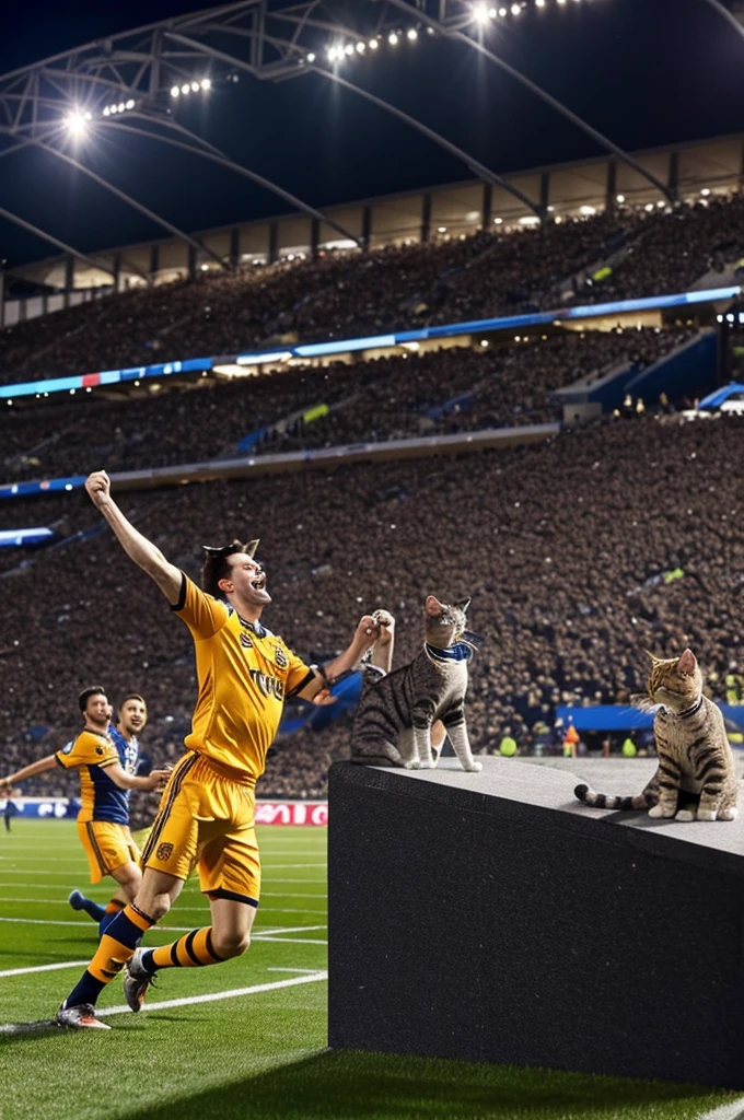 A cat scoring a goal at the last second and celebrating with his fellow cats in a stadium