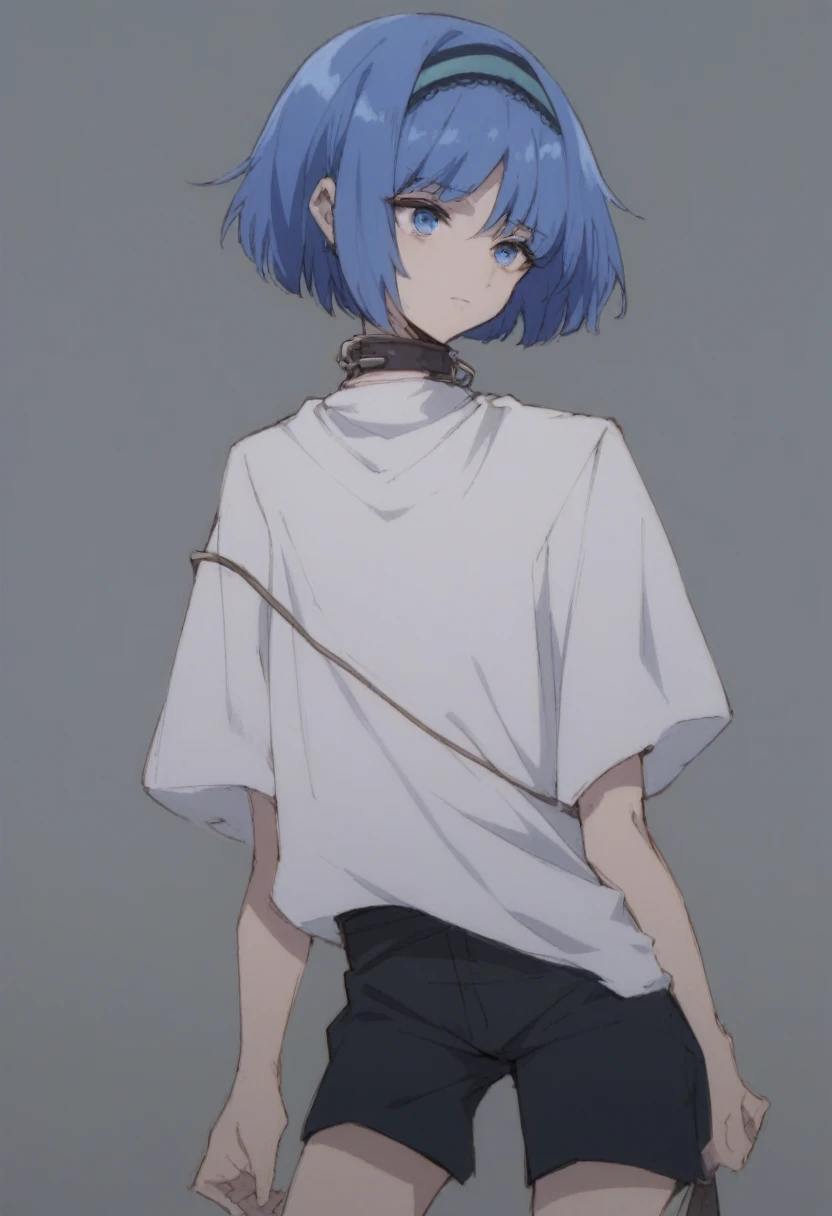 blue hair,blue eyes,short hair,jewelry hairband, short hair, bob cut,white top tank,black shorts,colar leash,