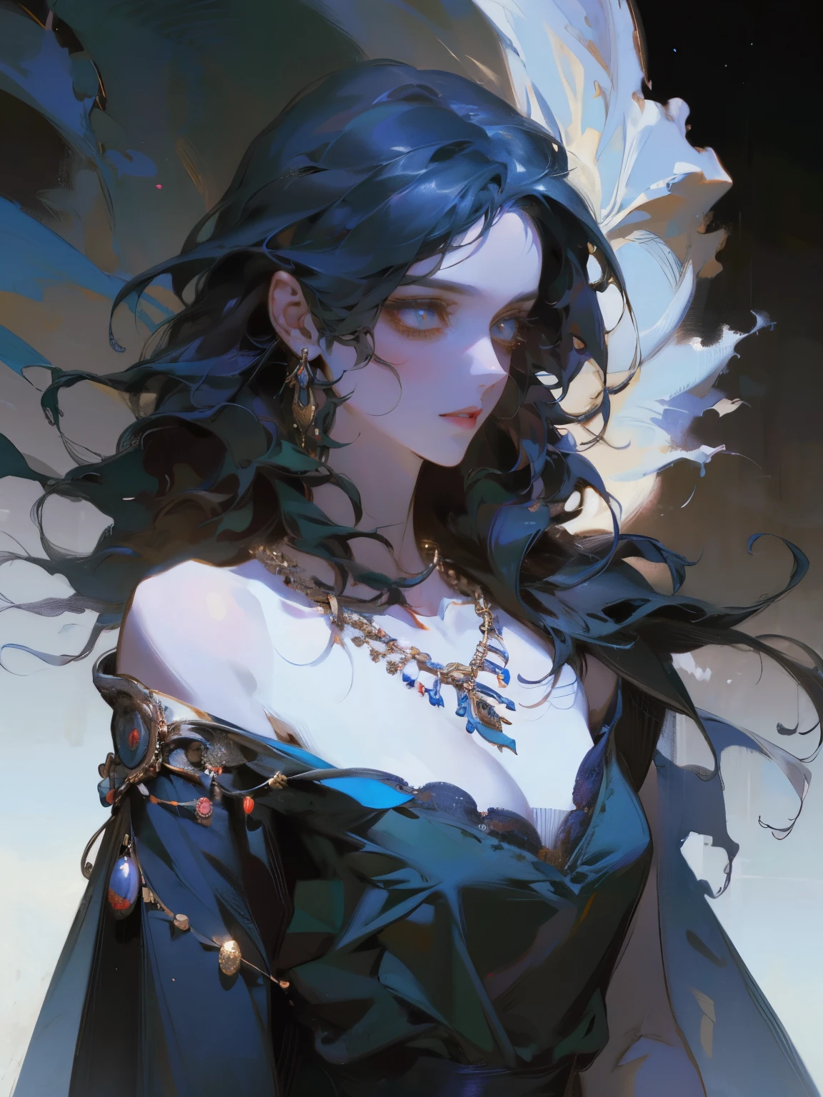 a beautiful detailed girl with long blue hair, a blue dress, and a necklace, looking directly at the viewer, standing against a detailed background, (best quality,4k,8k,highres,masterpiece:1.2),ultra-detailed,(realistic,photorealistic,photo-realistic:1.37),HDR,UHD,studio lighting,ultra-fine painting,sharp focus,physically-based rendering,extreme detail description,professional,vivid colors,bokeh,portrait,fantasy