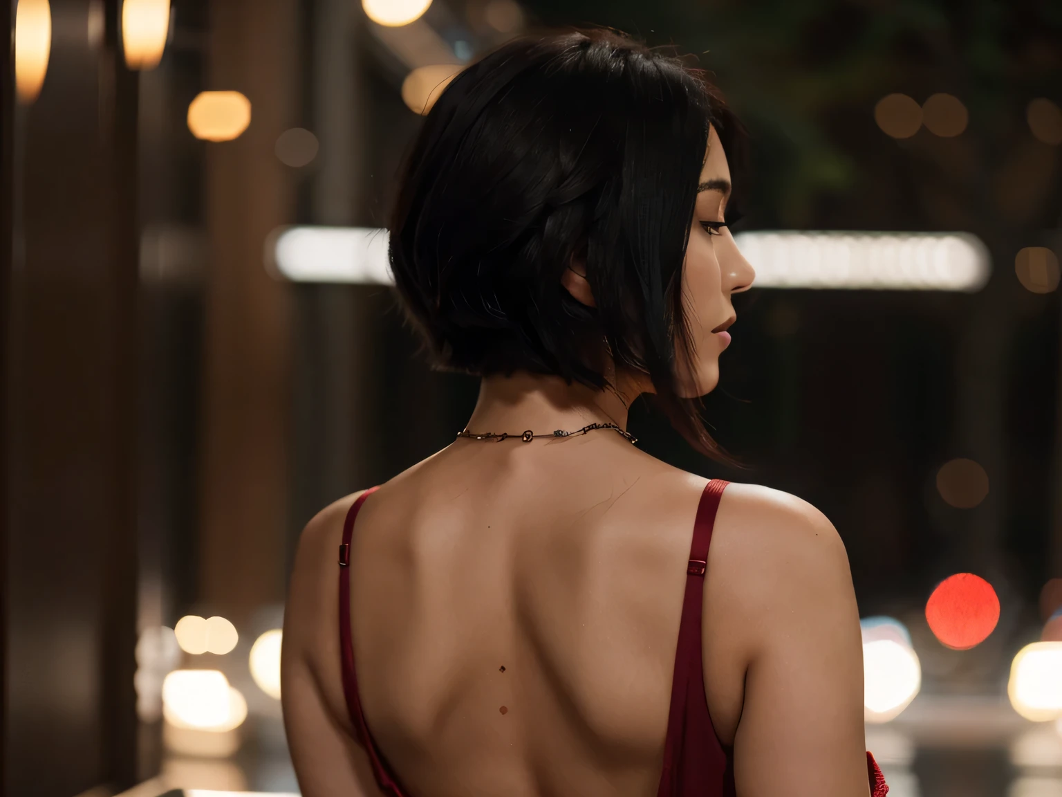 woman、Black Hair、Short Bob、Back view、Elegant deep red dress、Hip line、Romantic bokeh、whole body