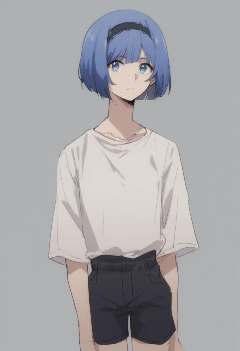 blue hair,blue eyes,short hair,jewelry hairband, short hair, bob cut,white top tank,black shorts
