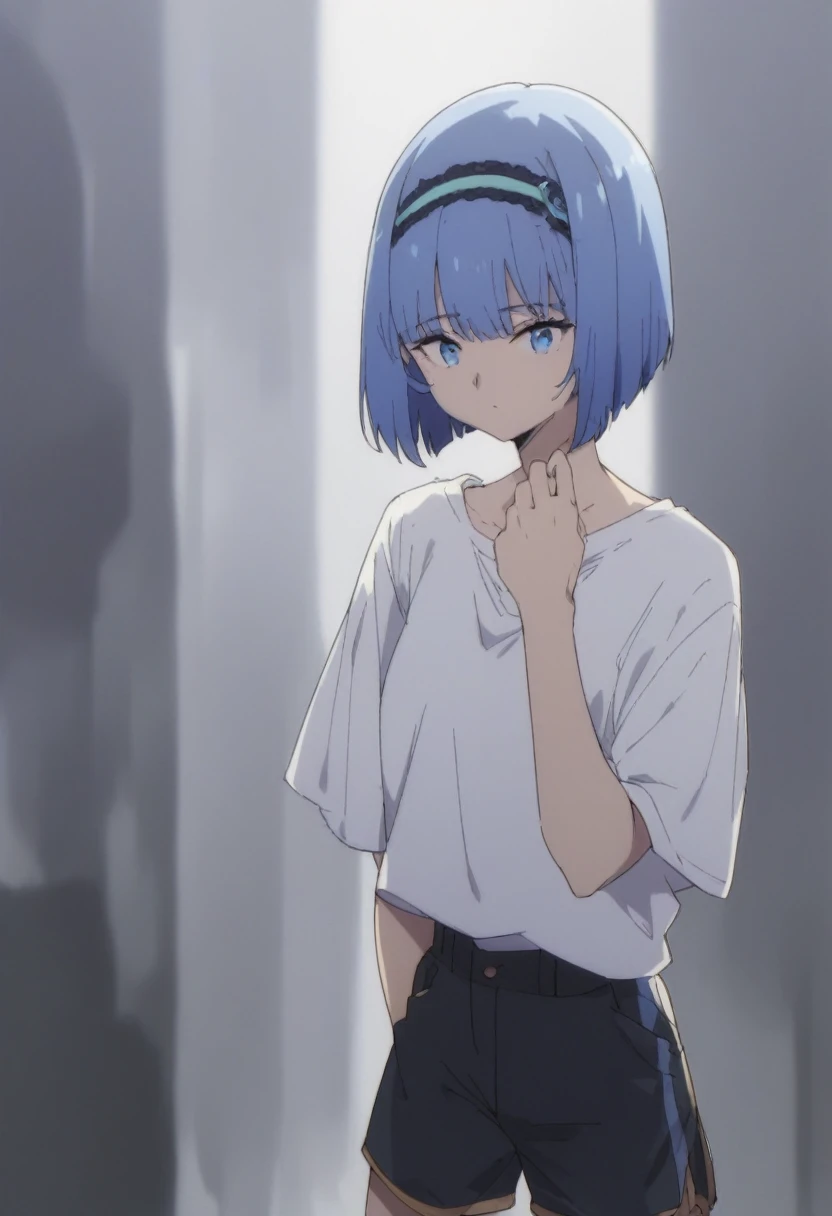 blue hair,blue eyes,short hair,jewelry hairband, short hair, bob cut,white top tank,black shorts
