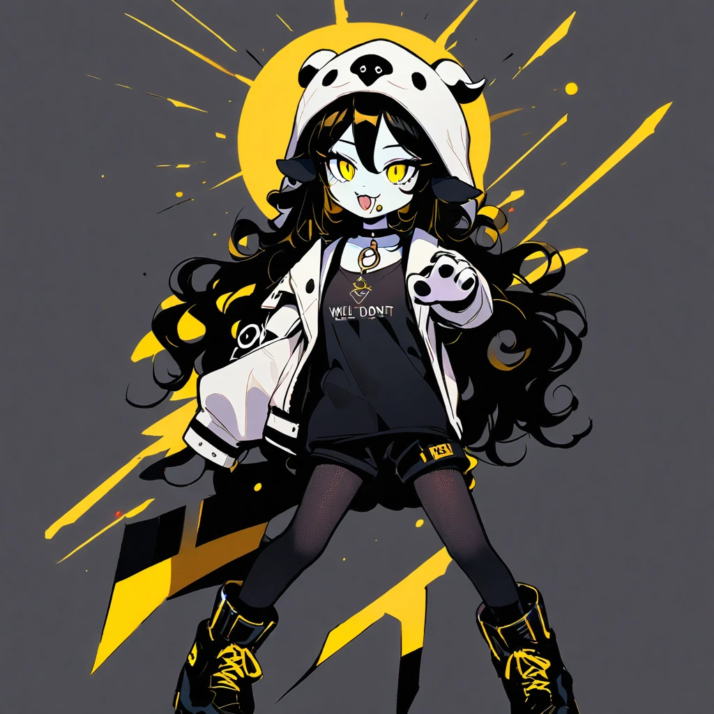 (well done: 1) woman, pale white skin, sheep ears, curly hair down to black shoulders, yellow eyes, mouth piercing, black choker, white jacket with black details with furry hood, black shirt underneath, shorts black, black boots, pantyhose.