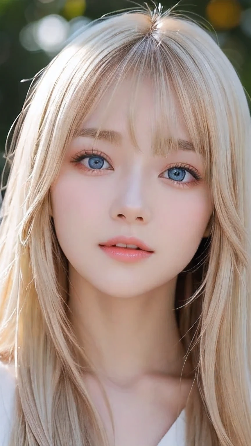 Super long, silky blonde hair、Very cute, beautiful and stunning girl、Bangs falling over the eyes、Hair on the face、Put one bang over your eye、Hair between the eyes、So perfect beautiful cute face、big, Her bright, light blue eyes are so beautiful and sparkling.、Very big eyes、White and lustrous skin、Small Face Beauty、Cheek gloss highlighter、Incredibly white, beautiful, bright and radiant skin、Round face