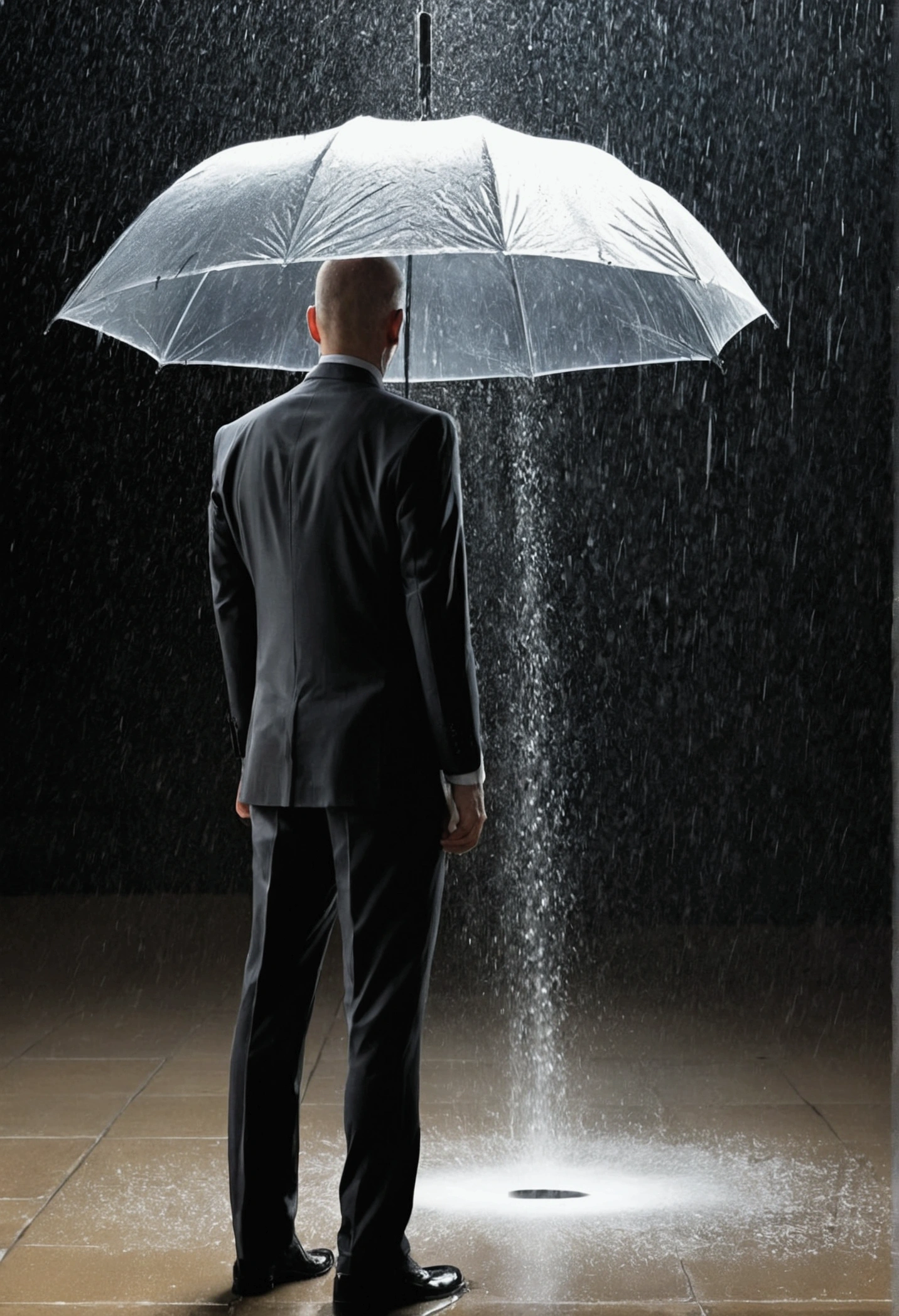 A man in a suit who has his head replaced by a black hole, Its event horizon and all white;. The man protects himself from the rain with a garda-chuva.