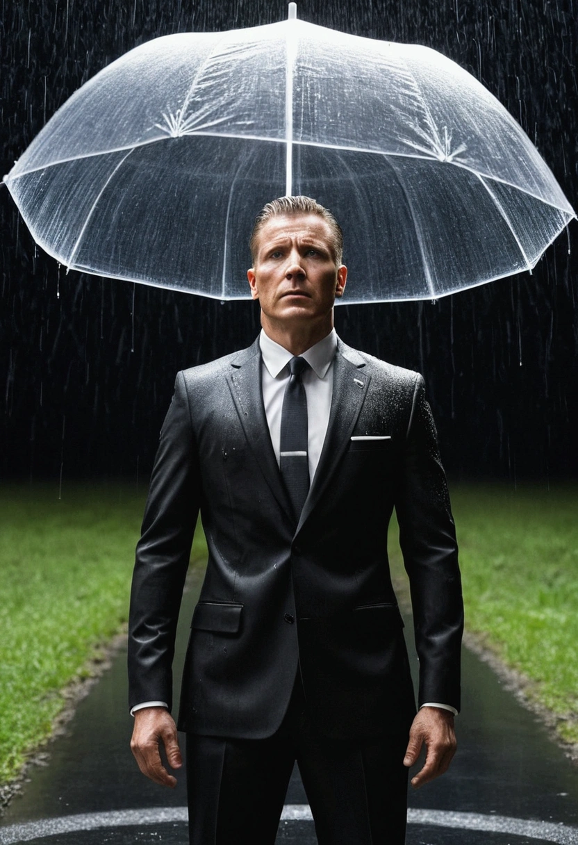 A man in a suit who has his head replaced by a black hole, Its event horizon and all white;. The man protects himself from the rain with a garda-chuva.