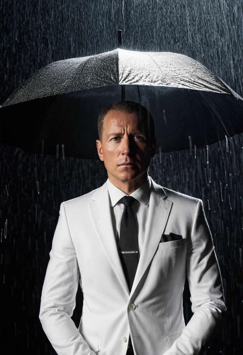 A man in a suit who has his head replaced by a black hole, Its event horizon and all white;. The man protects himself from the rain with a garda-chuva.