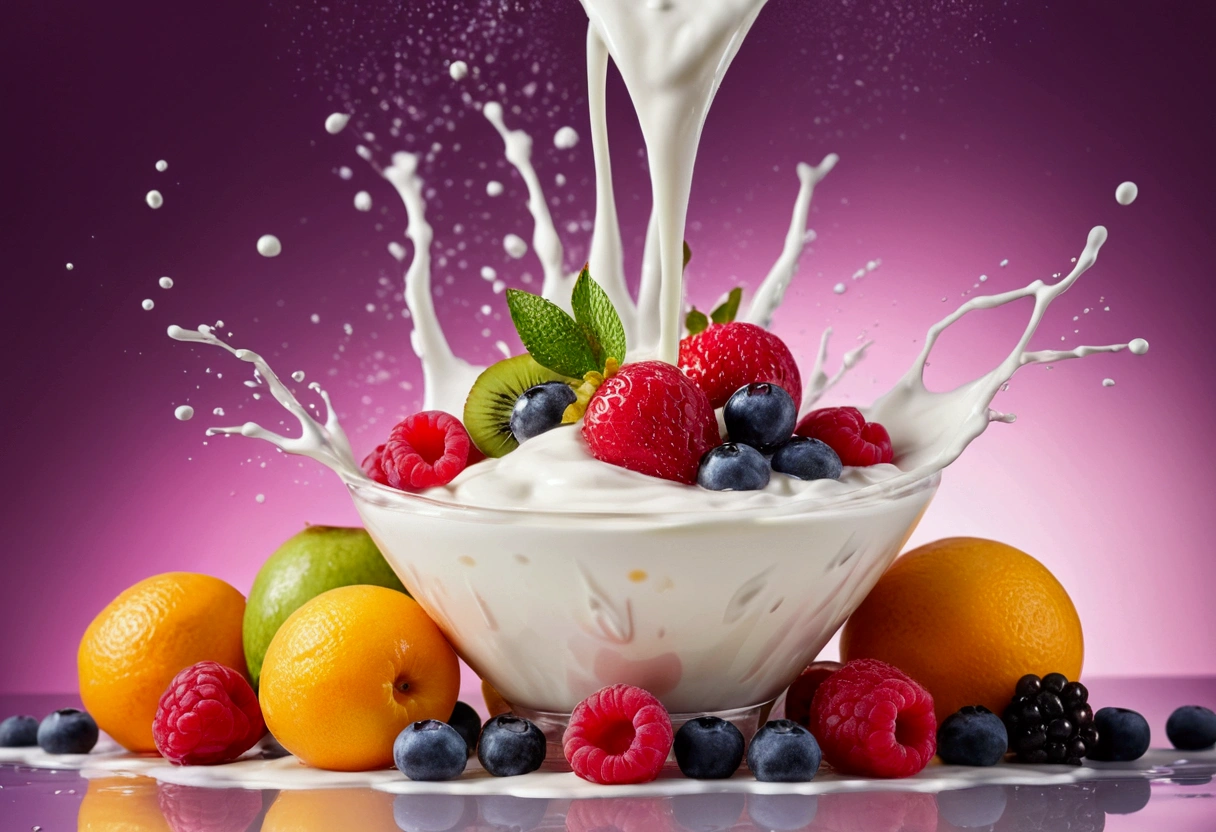 a picture of fruit yogurt, yogurt and fruits splashing in the elegant luxury color background like in a commercial, everything in focus