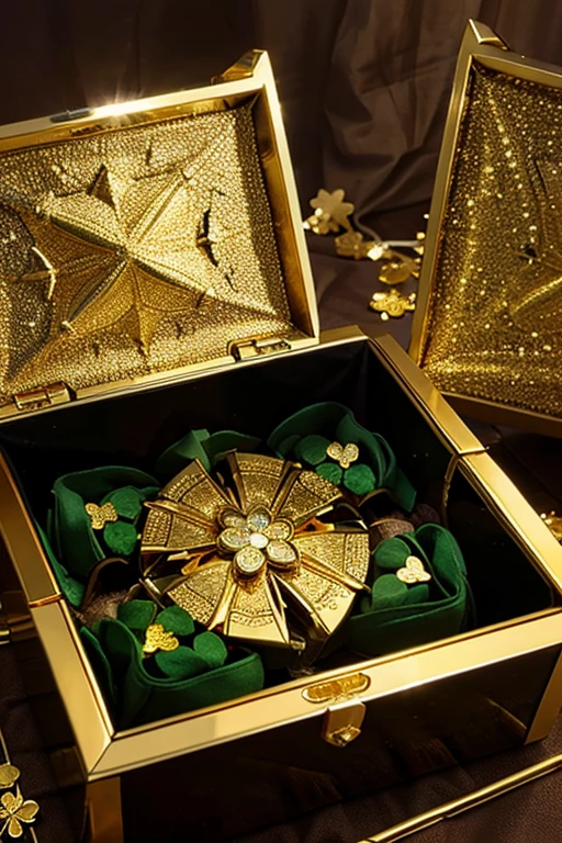 large four-leaf clover surrounded by gold and crystals inside a chest 