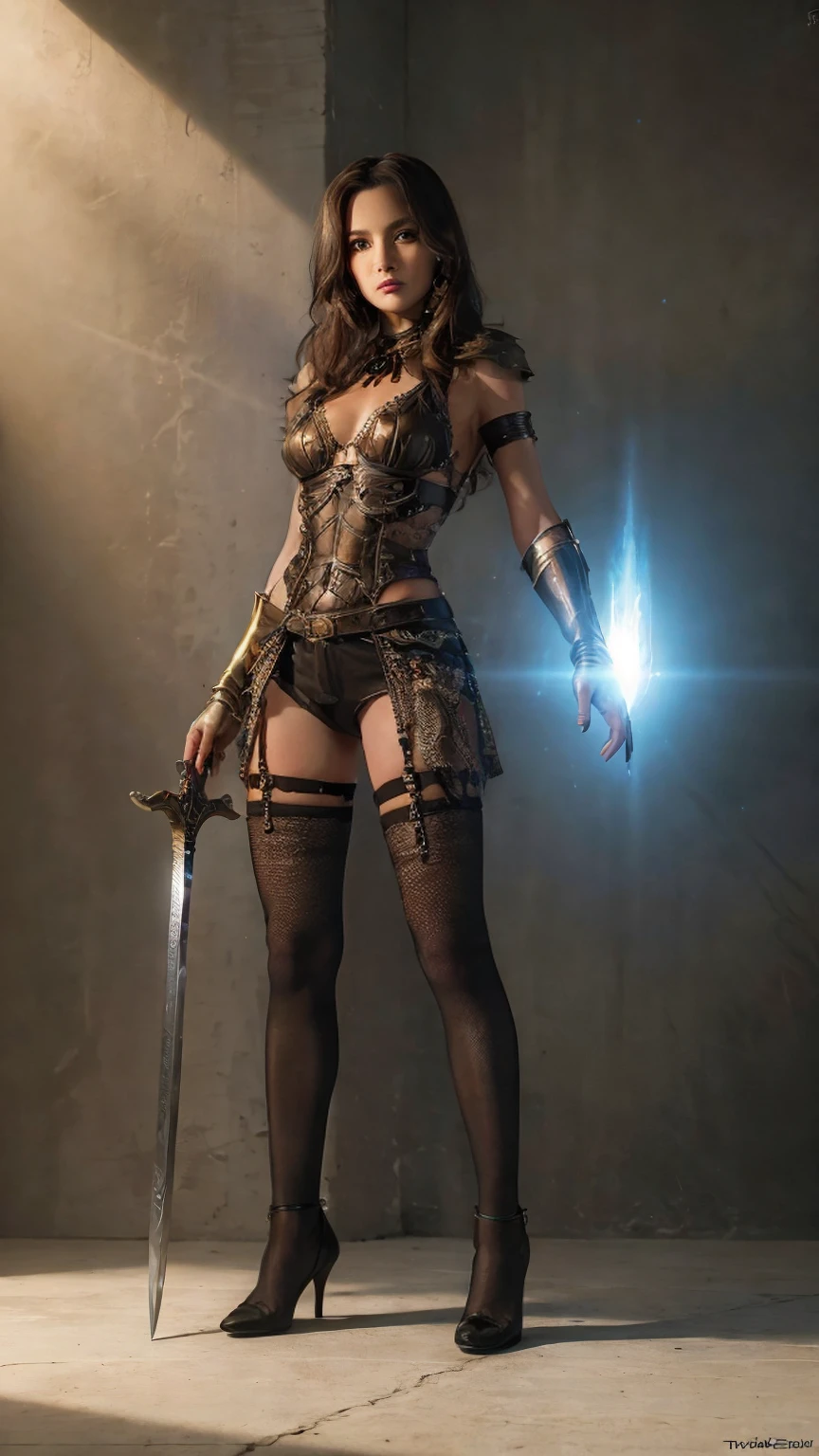 ((Full body photo, standing, feet on the floor)) a woman dressed as a warrior holding a sword, fishnet tights,  sexy painting of gal gadot, tyler edlin fantasy art, fantasy woman, gal gadot as hell lord, zenescope, a very beautiful berserker woman, magali villeneuve', as seen on artgerm, very beautiful female barbarian, artgerm julie bell beeple, 4k fantasy art