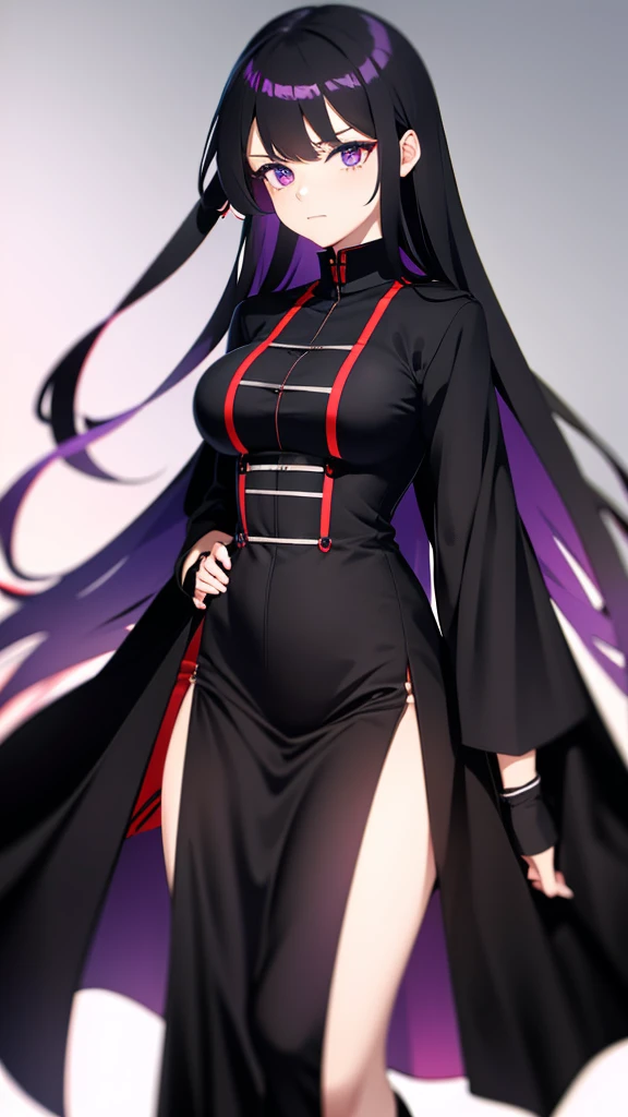 Full length anime girl on a white background. 21 year old girl with black hair, The ends of the hair are red. Different eyes: one blue, Other purple.  Dressed in a long black coat and lace-up boots. The expression on his face is haughty. IT IS IMPORTANT TO CONSIDER THE HAIR COLOR AND THE FACT THAT THE EYES ARE DIFFERENT COLOR