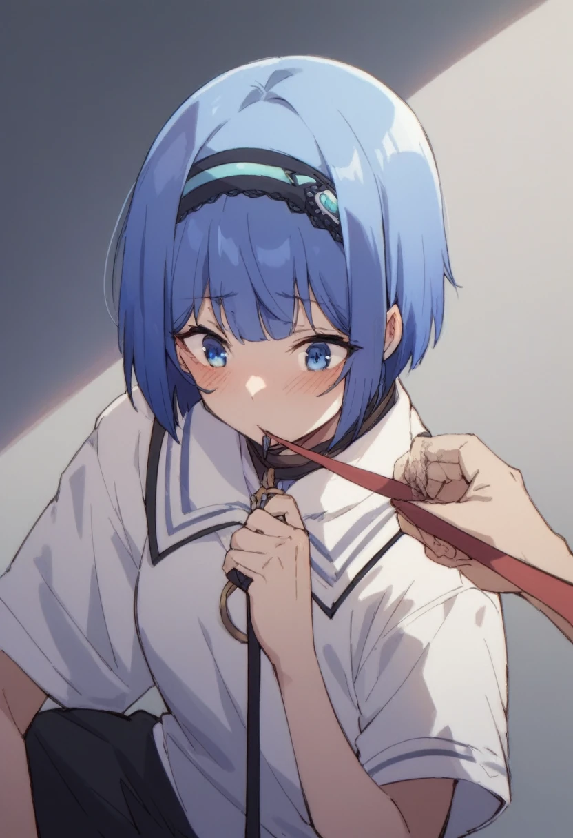 blue hair,blue eyes,short hair,jewelry hairband, short hair, bob cut,white top tank,black shorts,colar leash,crawling,blush
