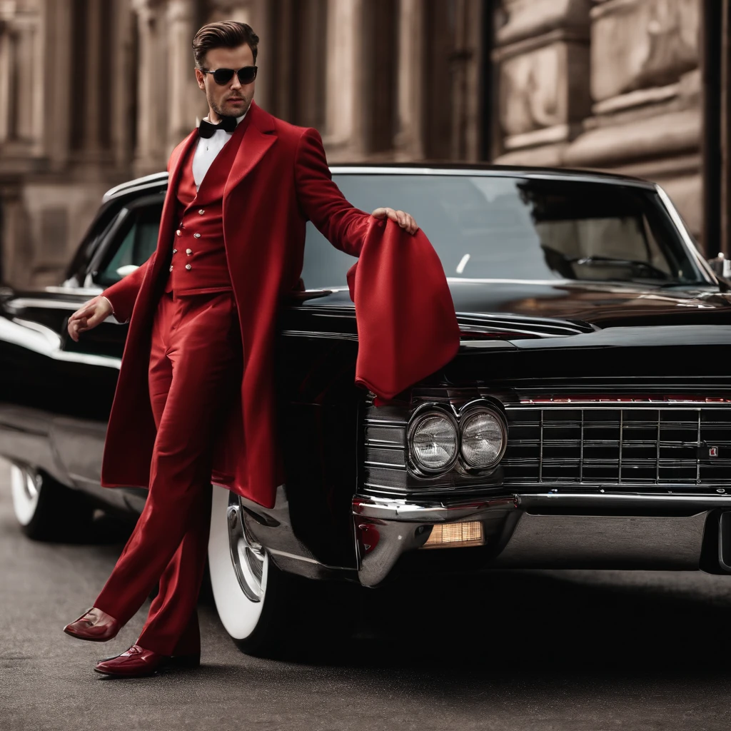 Create a character man black coat red cadilac car displaying your car