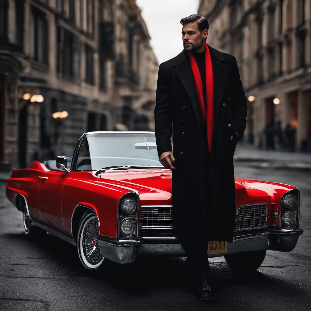 Create a character man black coat red cadilac car displaying your car 