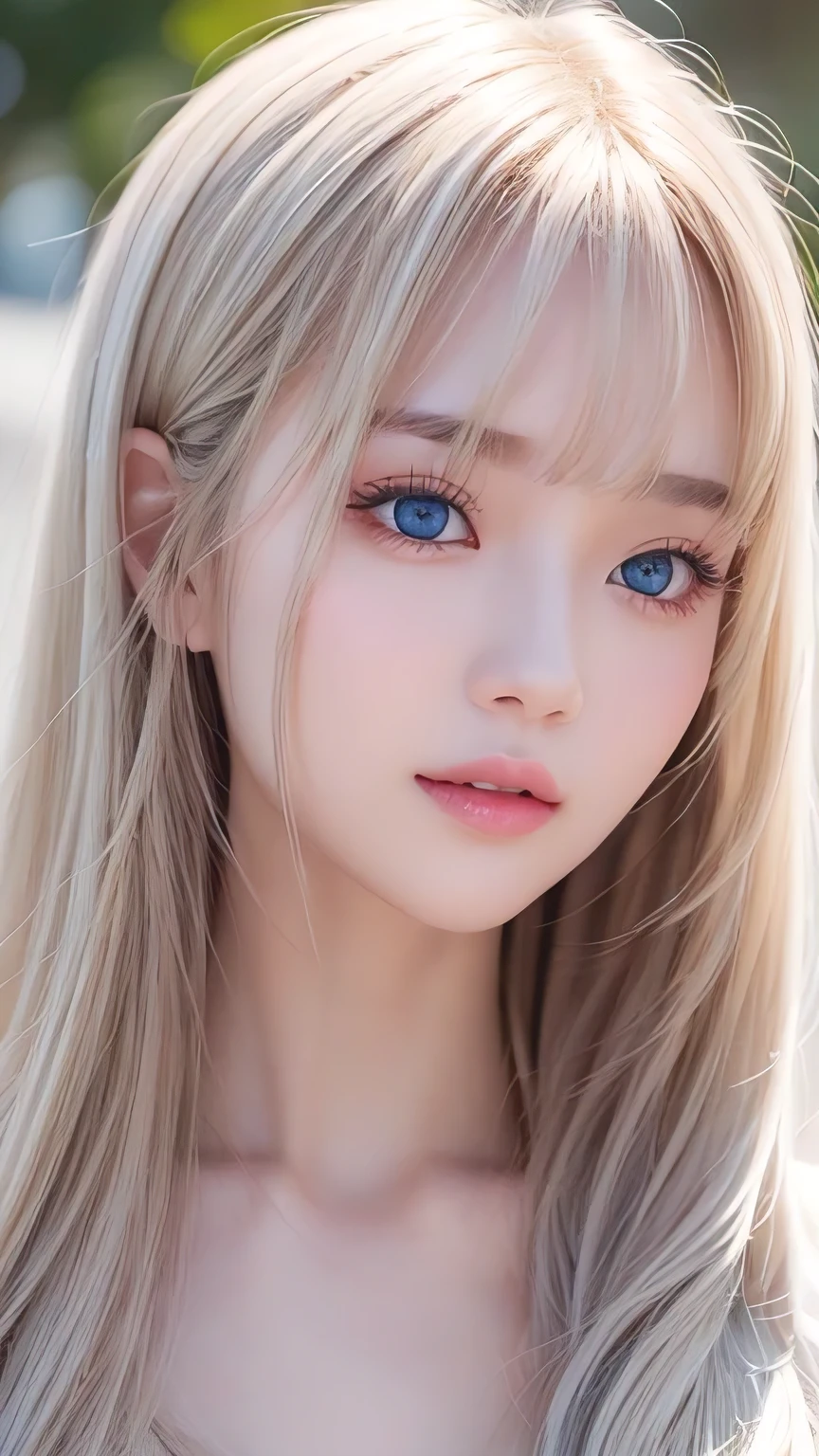 Super long, silky blonde hair、Very cute, beautiful and stunning girl、Bangs falling over the eyes、Hair on the face、Put one bang over your eye、Hair between the eyes、So perfect beautiful cute face、big, Her bright, light blue eyes are so beautiful and sparkling.、Very big eyes、White and lustrous skin、Small Face Beauty、Cheek gloss highlighter、Incredibly white, beautiful, bright and radiant skin、Round face