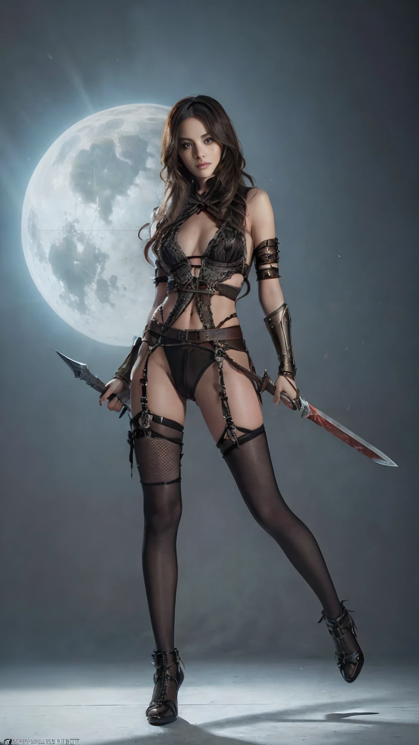 ((Full body photo, standing, feet on the floor)) a woman dressed as a warrior holding a sword, fishnet tights,  sexy painting of gal gadot, tyler edlin fantasy art, fantasy woman, gal gadot as hell lord, zenescope, a very beautiful berserker woman, magali villeneuve', as seen on artgerm, very beautiful female barbarian, artgerm julie bell beeple, 4k fantasy art