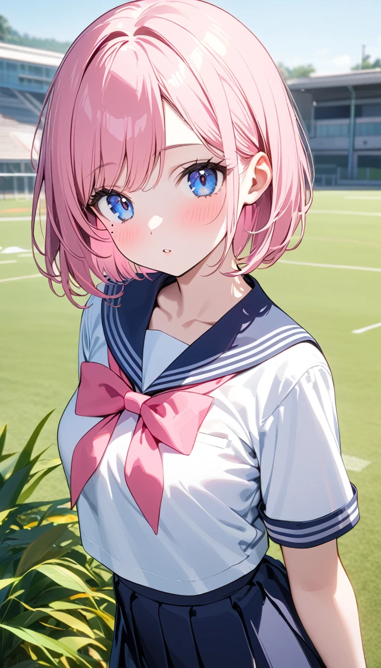 (1 girl),(Best Picture Quality, 8K, Masterpiece:1.3), (high school student:1.5), ((pink lob hair:1.1)), (bob cut),(swept bangs), (cute eyes, pupil black, iris skyblue, youthful face), (mole under right eye), (standard weight), (small breasts),(big hip), (glistening skin:1.1),(pale skin:1.2), ((serafuku, white sailor short sleeve simple shirt, darkblue skirt, darkblue sailor collar, pink ribbon)).