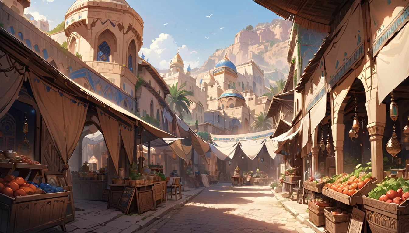 Highest quality,masterpiece,Arabian style town,landscape,There are no humans,Fantasy,Charming streetscape,Concept Art,Fantasy,market,high resolution,4K
