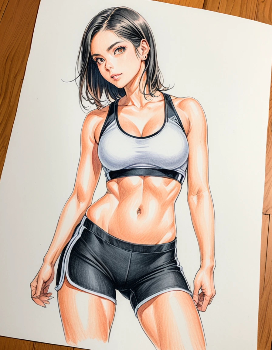 female, white, Art, ad, colour pencil drawing, draft drawing, illustration, sports bra, short pants