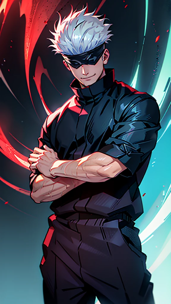 1boy, satoru gojo, blindfold, black outfit, white hair, standing, red energy on right hand,blue energy on left hand, smirk, red and blue energy background, wallpaper, cinematic,