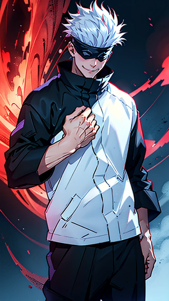 1boy, satoru gojo, blindfold, black outfit, white hair, standing, red energy on right hand,blue energy on left hand, smirk, red and blue energy background, wallpaper, cinematic,