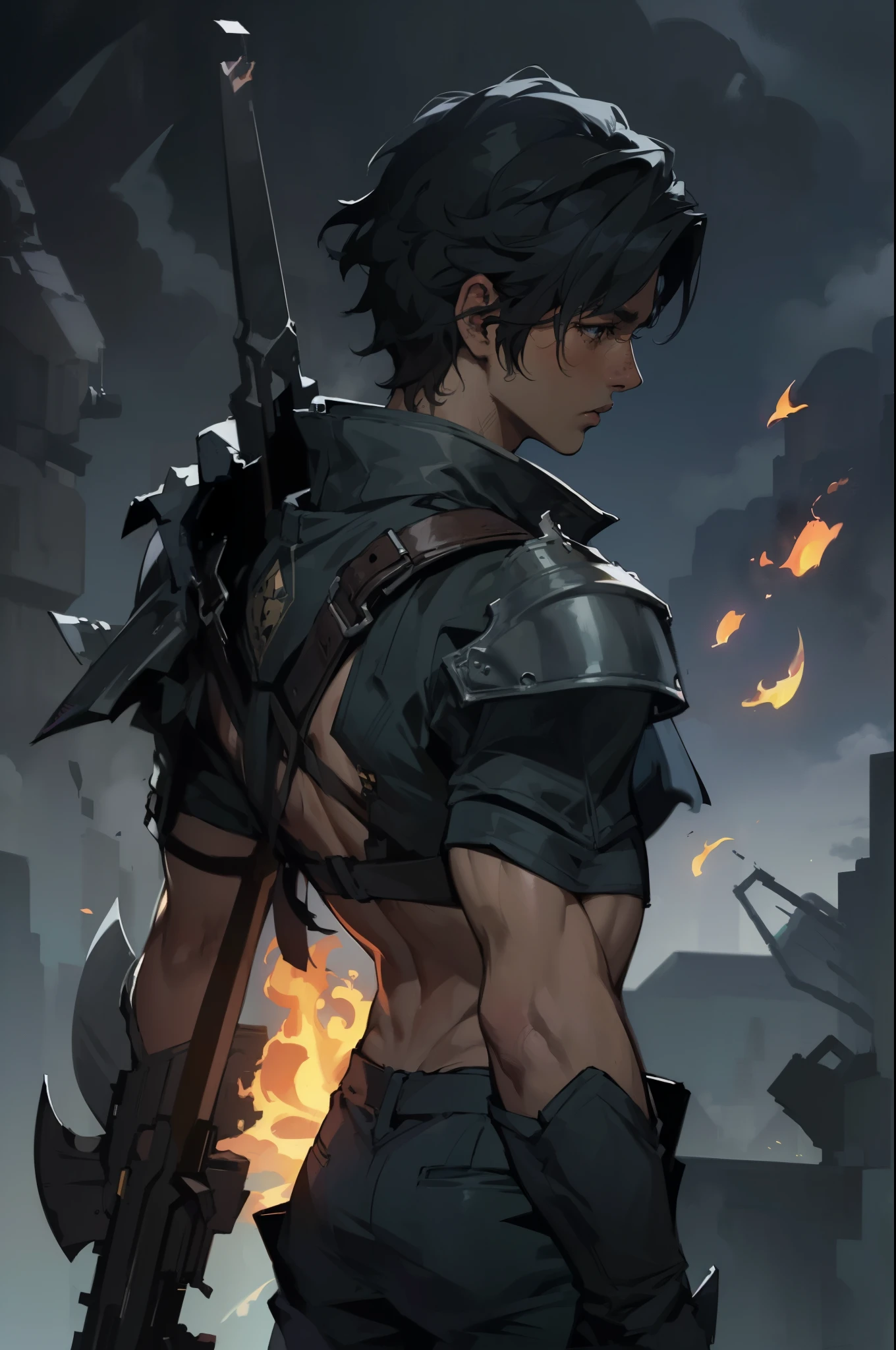 (absurdities, High Resolutions, ultra detailed, HDR), Masterpiece, The best quality, final fantasy xvi, clive rosfield, 1man only, handsome, short hair, black hair, vibrant blue eyes, fine eyes and detailed face, (((fire, llamas, To his back)) armor, ((Intricate weapon)). Final Fantasy, clive rosfield,, abs, badass pose, Anime boy with hands on head, Beautiful anime pose, Anime hombre handsome, anime male character, Badass Anime 8K, Detailed anime character art, HDR Anime MacManus Anime Concept, anime boy, Ikuto Yamashita, CG anime soft art, manga wallpaper 4k, inspired by Yamagata Hiro, anime wallaper