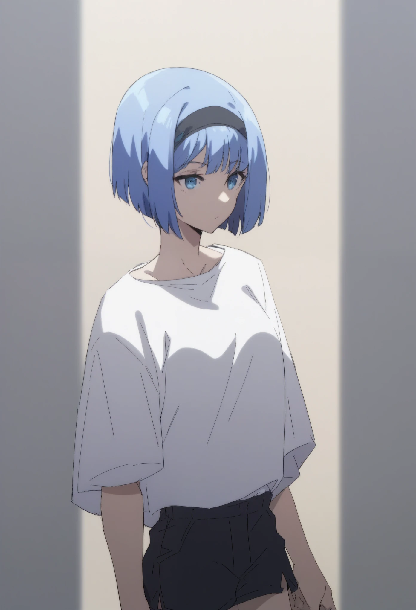 blue hair,blue eyes,short hair,jewelry hairband, short hair, bob cut,white top tank,black shorts
