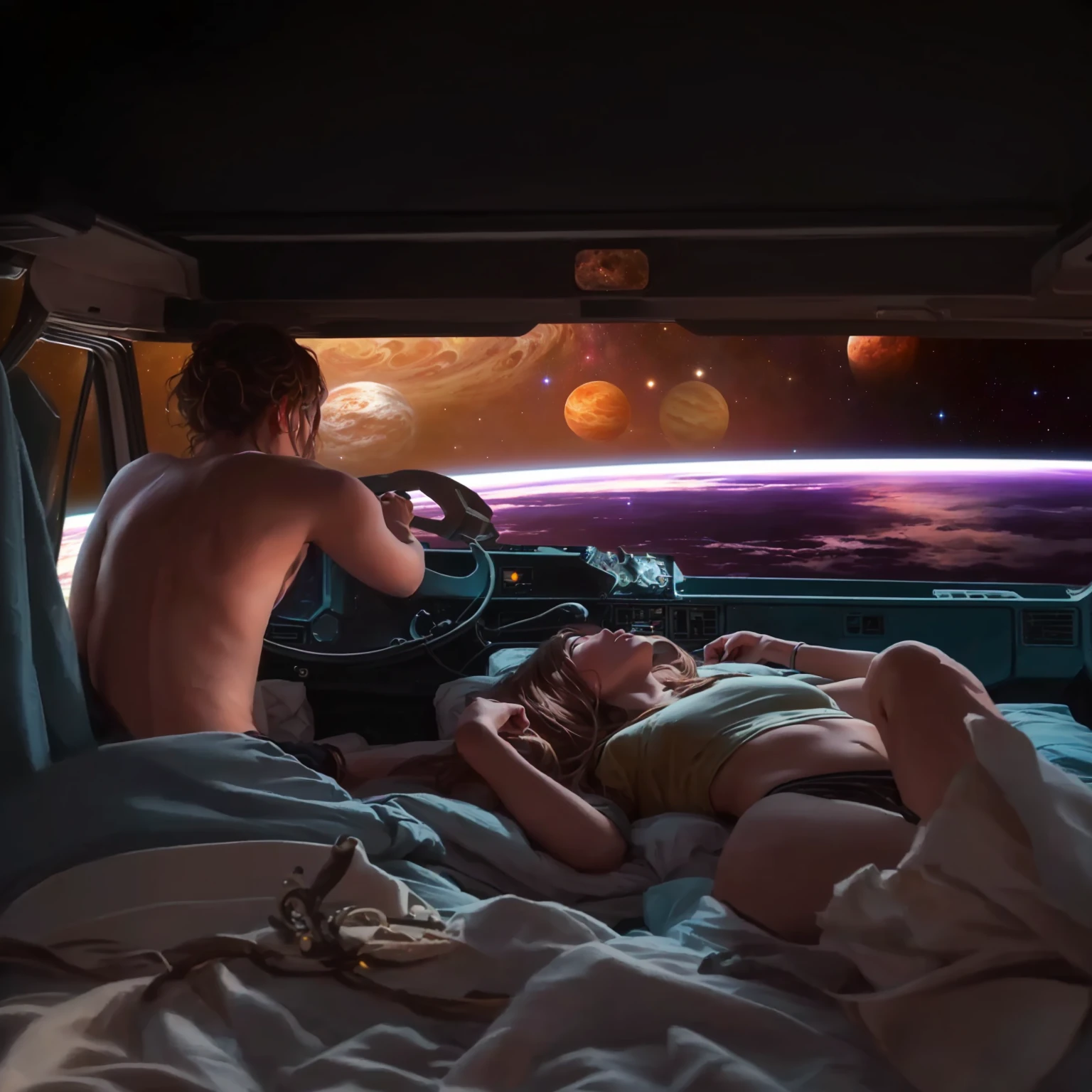 they are in a van with a view of the earth, floating beside planets, epic road - trip in outer space, floating in deep space, floating in outer space, in a spaceship, drifting in space, in the universe.highly realistic, window into space behind them, inspired by Tim and Greg Hildebrandt, looking out into space, floating in space, in deep space