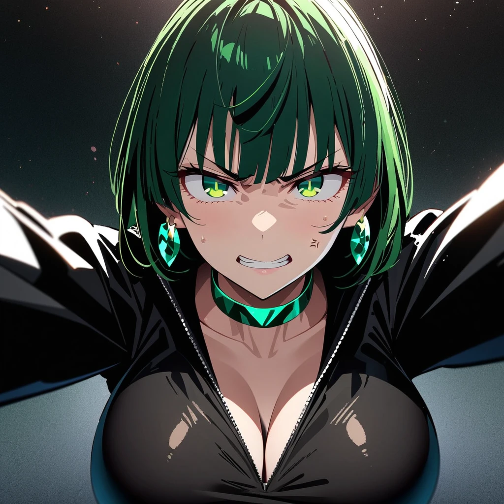 Fubuki from onepunchman, caffee,,collarbone,sexy, large breasts, green hair,choker, emerald shiny earrings, anime, UHD, masterpiece,textured skin, super detail, high details, high quality, best quality, highres, 8k, sexy face, looking at viewer,green eyes,dark green eye pupils,raised eyebrows, glaring, eyebrows behind hair, longeyelashes, angry, serious, shaded, seductive smile, troll, facing another, disdain, rape face,look from below 