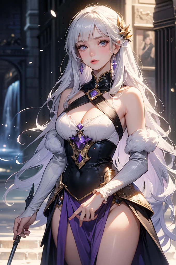 Lady Seraphina Everglade is the esteemed daughter of the Marquise, known throughout the realm for her unparalleled elegance and beauty. Her long, silky snow-white hair cascades like a waterfall, framing her delicate face, where her enchanting amethyst doe eyes sparkle with wisdom and grace. Standing at a petit height, she might appear fragile, but this knight captain's aura of strength and dignity commands respect on and off the battlefield. Clad in gleaming armor that accentuates her noble heritage, she embodies the perfect blend of a knight's valor and a lady's refinement.