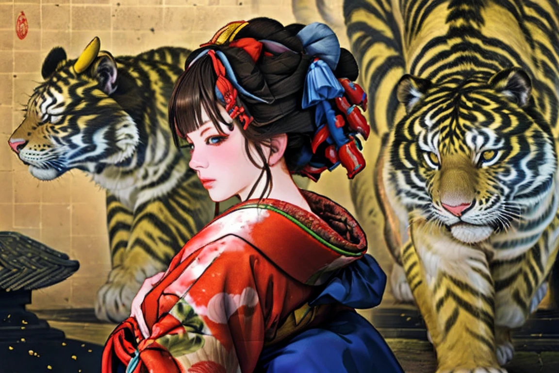 1 Girl, alone, Oiran, Maiko, country, Looking at the audience, short hair, Brown eyes, Brown Hair, Black Hair, hair ornaments, Upper Body, kimono, Blunt bangs, kimono, sash, Compensate, Bob cut hair, background with white Tiger and Chinese blue Dragon,